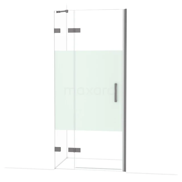 Glasene Duschtür mit matt weißer Streifen, einfaches Scharnier und Edelstahl Haltegriff, ideal für einen modernen Badezimmerstil.