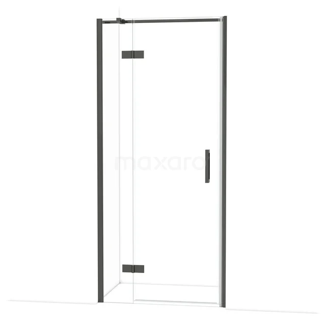 Douchedeur met zwarte accenten, helder glas en strakke lijnen, perfect voor een moderne badkamer.