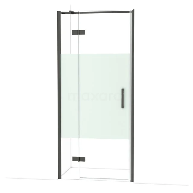 Diamond Shower door | 90 cm Black chrome Clear with matt strip Pivot door DDB21362313BC Zwarte douchedeur met helder glas en mat afschermpaneel, modern design voor een stijlvolle badkamer.