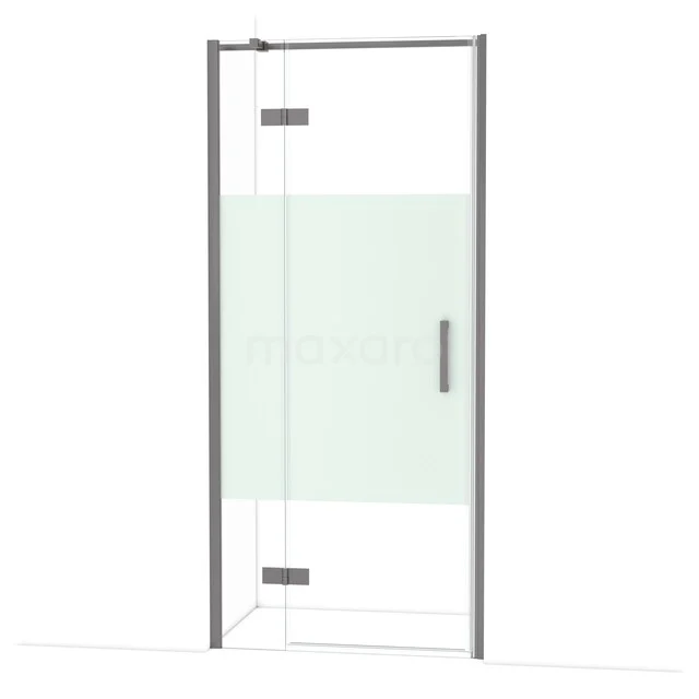 Glasene Duschtür mit matt weißem Privatsphäre-Bereich, metallischen Scharnieren und Haltegriff, modernes Design für jedes Badezimmer.