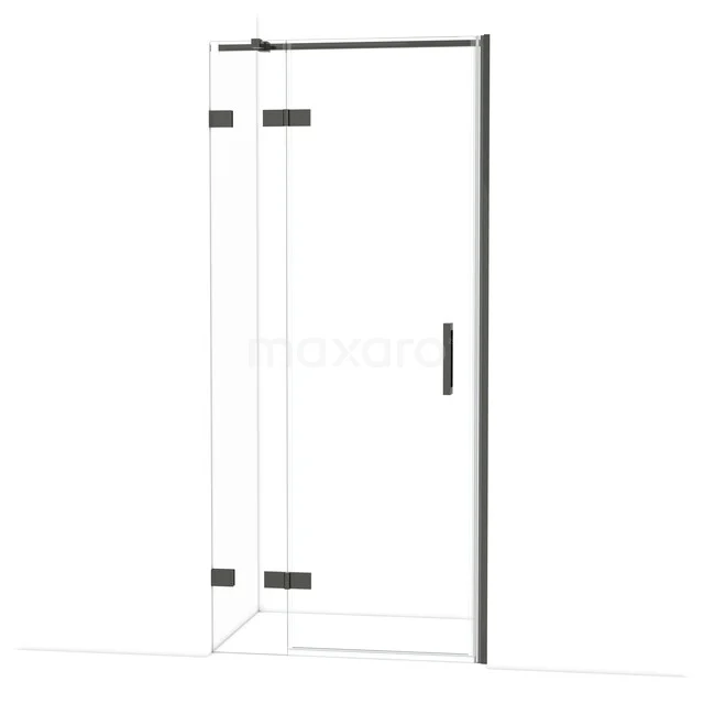 Glazen douchedeur met zwarte profielen, uitgevoerd in helder glas en voorzien van strakke metalen handgreep voor een moderne badkamer.