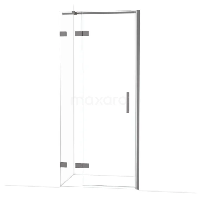 Glasdouchedeur mit verchromten Scharnieren, Eckanordnung, Klarglas, minimalistisches Design für moderne Bäder.