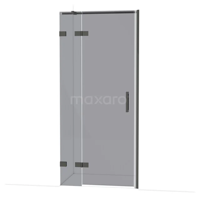 Diamond Shower door | 90 cm Black chrome Smoke glass Pivot door DDB21362321BC Douchedeur van helder glas met zwarte scharnieren en handgreep, geschikt voor moderne badkamers.