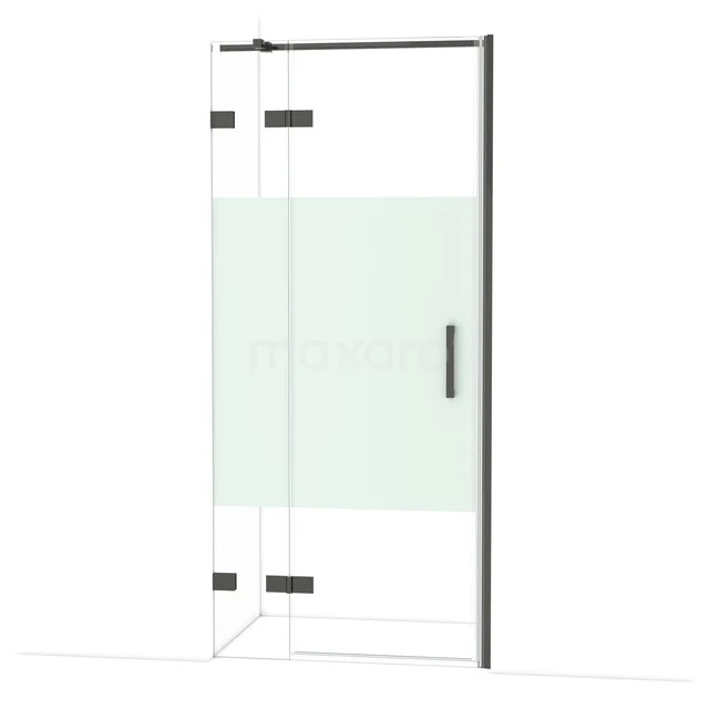 Diamond Shower door | 90 cm Black chrome Clear with matt strip Pivot door DDB21362323BC Glazen douchedeur met mat witte strook, zwart frame en scharnieren, ideaal voor een moderne badkamer.