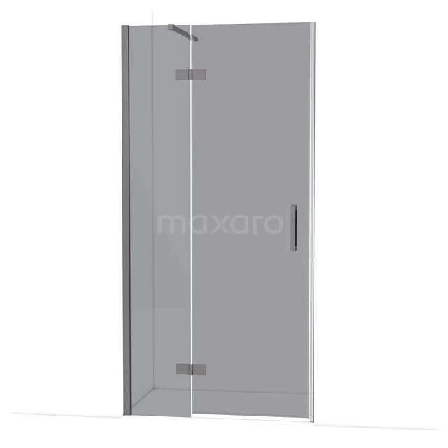 Glazen douchedeur met scharnieren en handgreep, minimalistisch design, ideaal voor een moderne badkamer.