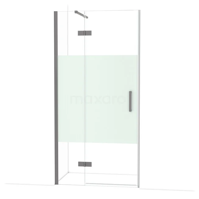Diamond Shower door | 100 cm Black metal Clear with matt strip Pivot door DDB21461113ZMN Glazen douchedeur met matgroene band, scharnieren en handgreep in chroom, ideaal voor moderne badkamerontwerpen.