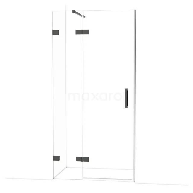 Glazen douchedeur met mat zwarte scharnieren en handvat, hoekontwerp, perfect voor een moderne badkamer uitstraling.