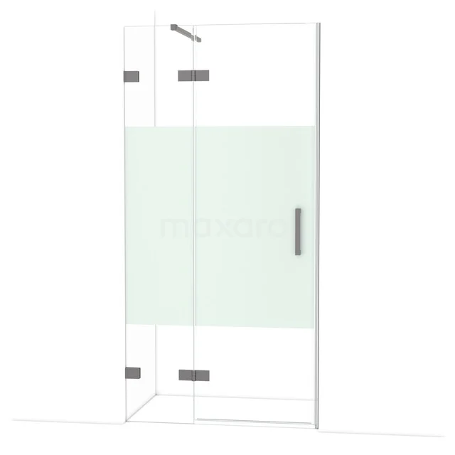 Transparent corner shower with clear glass, silver hinges and matte strip design; ideal for a modern bathroom.