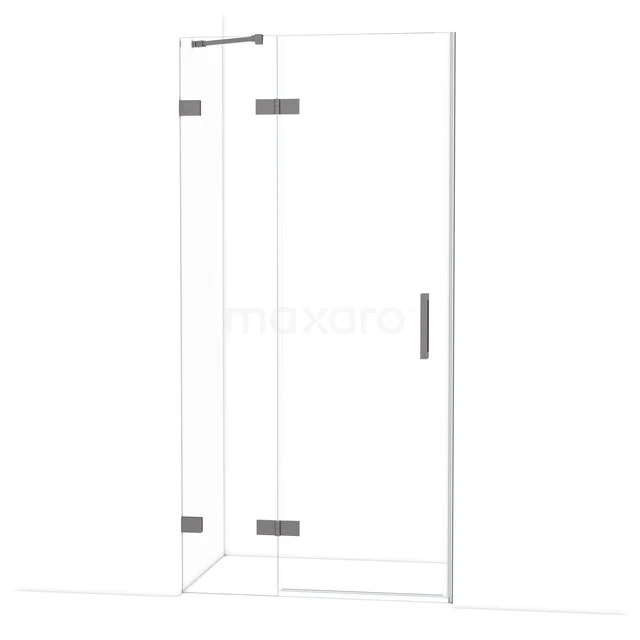 Schwarze Duschwand mit Glaspanelen, Eckmodell der Luxus Elegance-Serie für einen modernen Badezimmerstil.