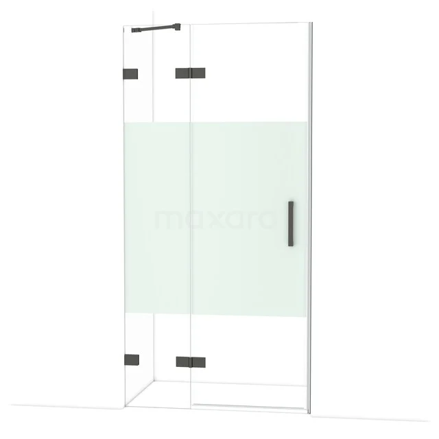 Diamond Shower door | 100 cm Black chrome Clear with matt strip Pivot door DDB21461223BC Glazen douchecabine met mat wit privacygedeelte en zwart metalen scharnieren, perfect voor een moderne badkamerinrichting.