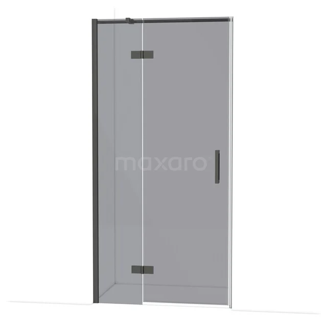 Glazen douchedeur met scharnieren, transparant glas en zwarte details, modern design voor een stijlvolle badkamer.