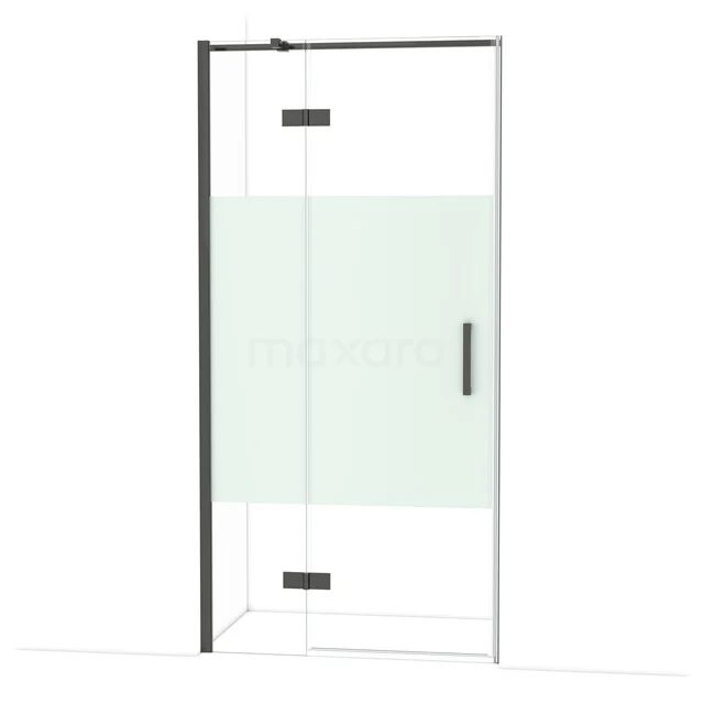 Douchedeur met zwart frame, helder glas en mat witte strook, ideaal voor een moderne badkamer.