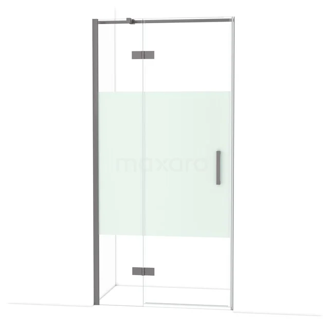 Glazen douchedeur met mat wit accentelement, zilverkleurige scharnieren en handgreep, ideaal voor een moderne badkamerstijl.