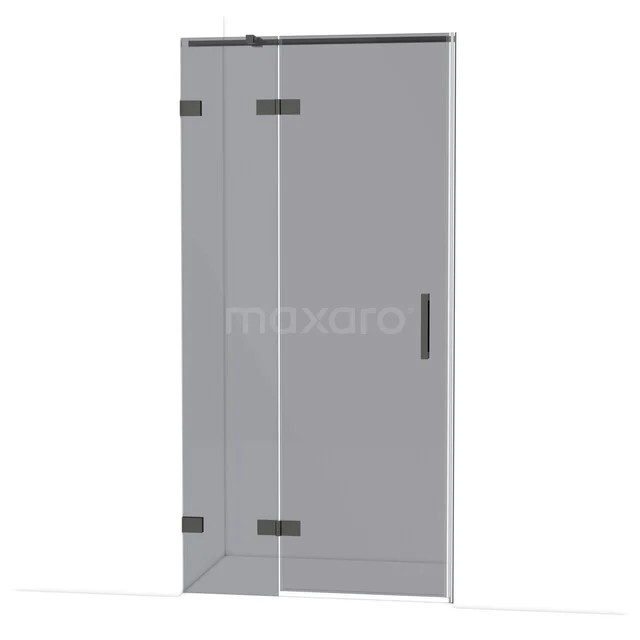 Douchedeur met matzwart frame, helder glas en scharnieren, ideaal voor een moderne badkamer inrichting.