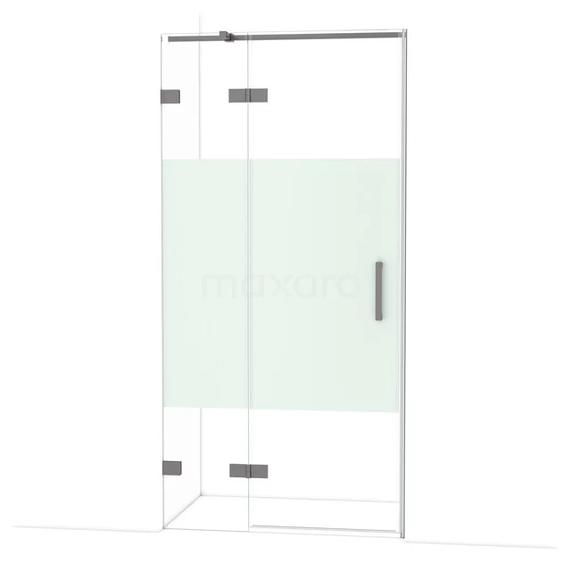 Diamond Shower door | 100 cm Black metal Clear with matt strip Pivot door DDB21461323ZM Glazen douchewand met mat wit paneel en chromen scharnieren, perfect voor een moderne badkamerinrichting.