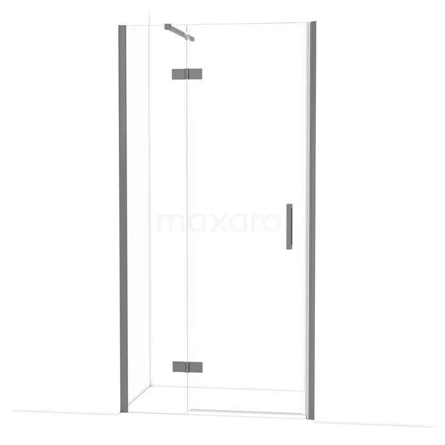 Glass corner shower door with silver-coloured hinges and handle, ideal for a modern bathroom design.