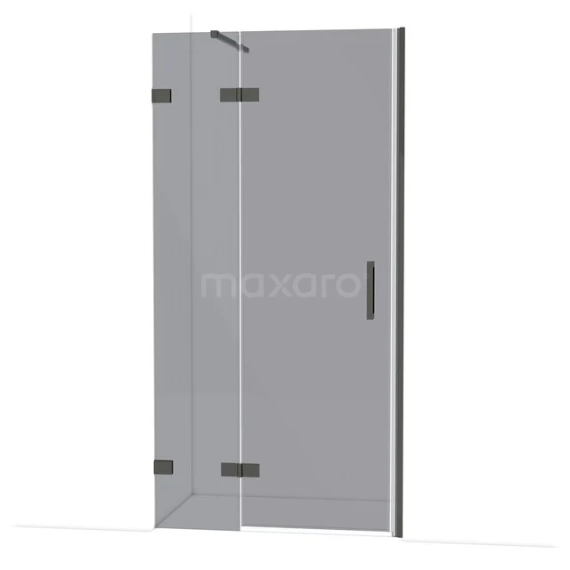 Hoekdouchedeur van helder glas met zwarte handgreep, geschikt voor moderne badkamers. Perfect voor stijlvolle doucheindelingen.