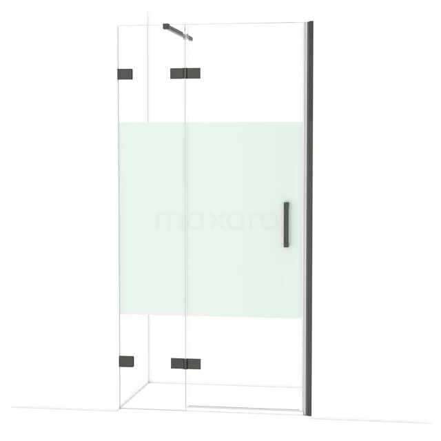 Diamond Shower door | 100 cm Black chrome Clear with matt strip Pivot door DDB21462123BC Glazen douchedeur met mat witte strook, strakke zwarte accenten en scharnieren, perfect voor moderne badkamerinrichting.