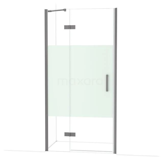 Diamond Shower door | 100 cm Black metal Clear with matt strip Pivot door DDB21462213ZM Douchedeur met helder glas, mat witte band, chromen scharnieren en handvat, perfect voor een moderne badkamer.