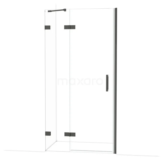 Glas Duschkabine mit Schwarz Akzenten, Eckmodell mit Drehtür, ideal für ein modernes Badezimmer.