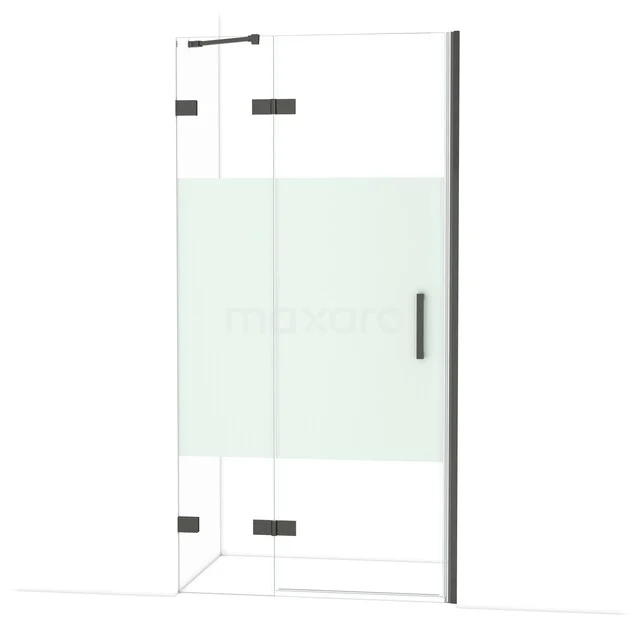 Glazen douchewand met deur, mat zwart profiel, helder glas en matte strook, ideaal voor een moderne badkamerstijl.