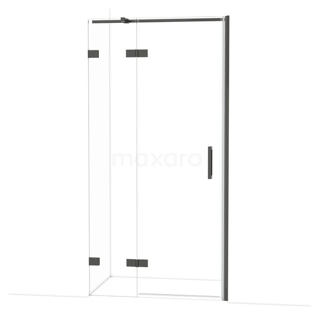 Diamond Shower door | 100 cm Black chrome Clear glass Pivot door DDB21462320BC Black glass shower door with matte black hinges, minimalist design, ideal for modern bathrooms.