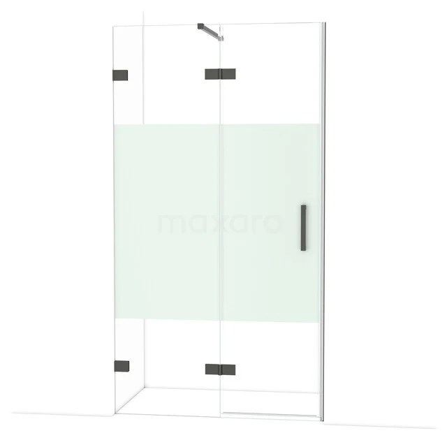 Diamond Shower door | 110 cm Black chrome Clear with matt strip Pivot door DDB21651123BC Glazen douchecabine met mat wit privacypaneel en zwarte scharnieren, ideaal voor een moderne badkamer.