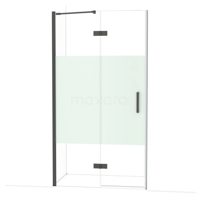 Diamond Shower door | 110 cm Black chrome Clear with matt strip Pivot door DDB21651213BCN Glazen douchedeur met zwart frame, matglas detail en handgreep; stijlvol badkamerdesign uit moderne series.