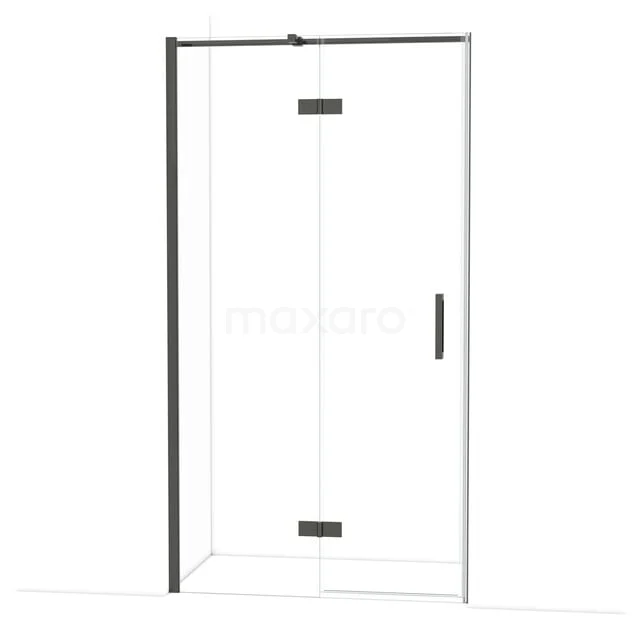 Douchedeur met zwarte accenten, helder glas en scharnieren, ideaal als elegante toevoeging aan een moderne badkamer.