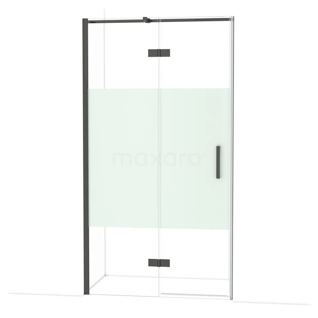 Duschtür mit matt schwarzem Rahmen, Klarglas und mattem Streifen, ideal für eine moderne Badezimmer Einrichtung.