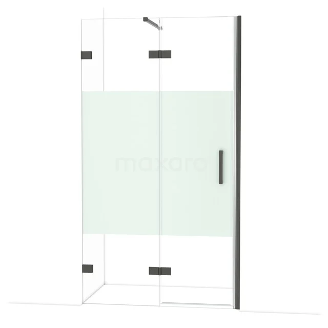 Diamond Shower door | 110 cm Black chrome Clear with matt strip Pivot door DDB21652123BC Hoekdouche met glazen panelen en matzwart beslag, voorzien van privacystrip; modern ontwerp voor elke badkamer.