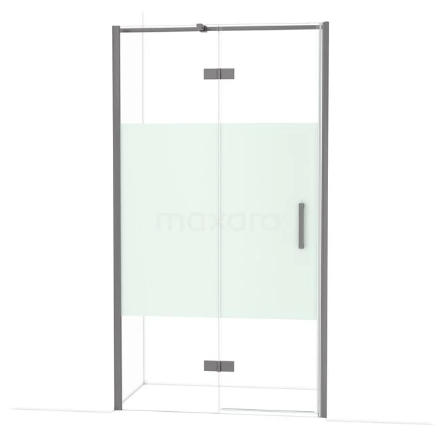 Diamond Douchedeur | 110 cm Zwart metaal Helder met matte strook Draaideur DDB21652313ZM Glazen douchedeur met matglazen paneel, metalen handgreep en zilveren profiel, perfect voor een moderne badkamerstijl.