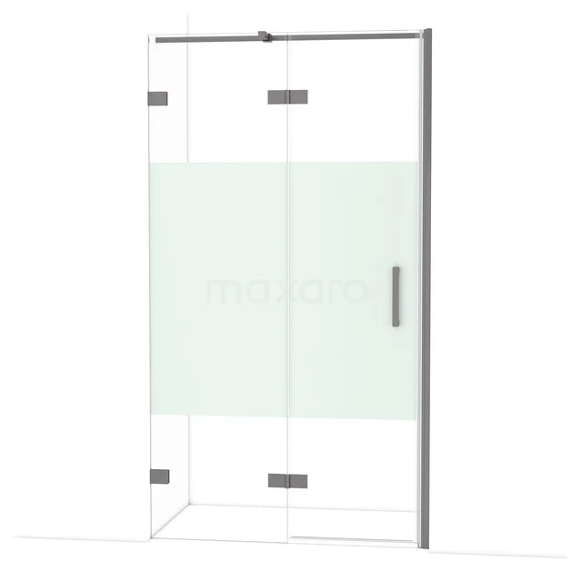 Diamond Douchedeur | 110 cm Zwart metaal Helder met matte strook Draaideur DDB21652323ZM Helder glazen douchedeur met mat witte strook, aluminium profielen en modern design, perfect voor een stijlvolle badkamer.