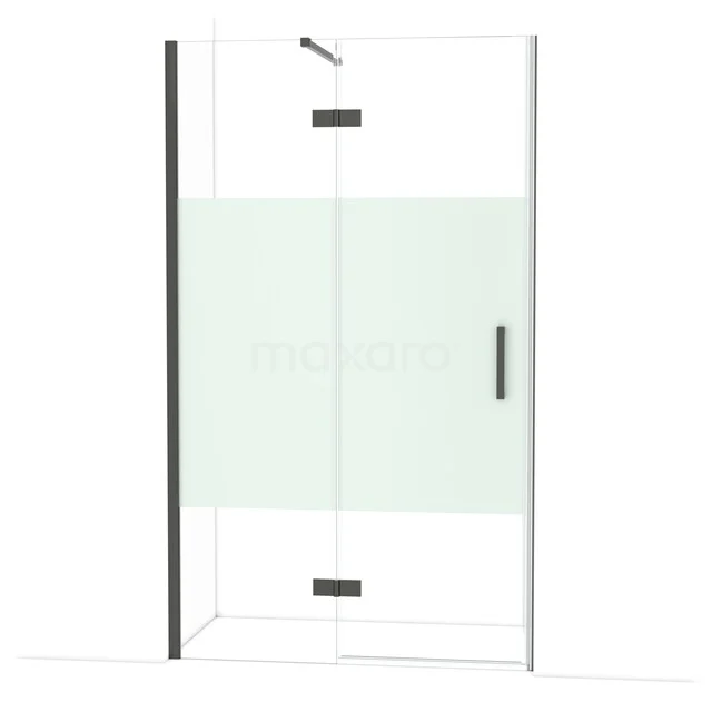 Glazen douchedeur met mat witte strook, zwarte handgreep en scharnieren, strak design voor moderne badkamerstijl.