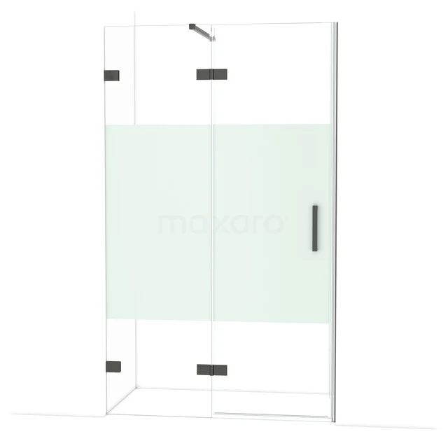 Diamond Douchedeur | 120 cm Zwart chroom Helder met matte strook Draaideur DDB21661123BC Douchewand met zwart frame, helder glas en mat witte strook, geschikt voor moderne badkamers.