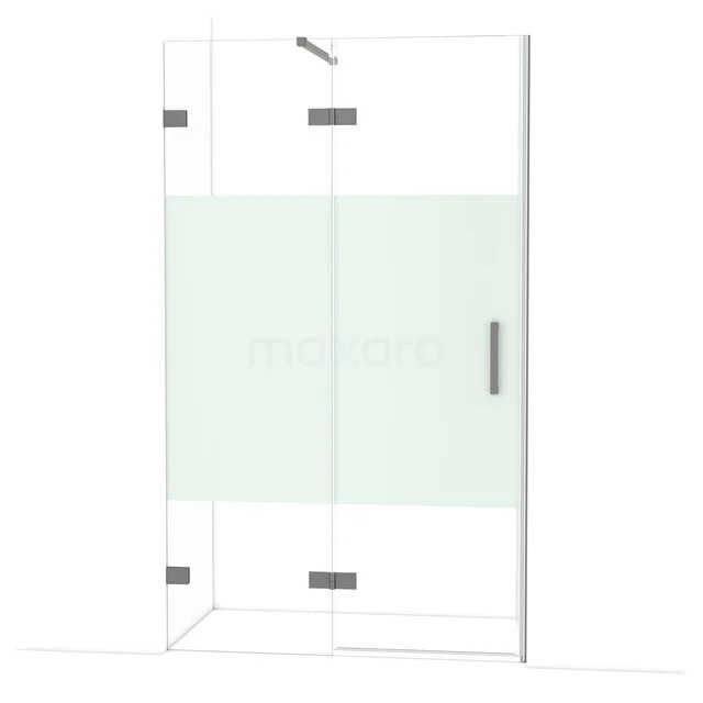 Diamond Douchedeur | 120 cm Zwart metaal Helder met matte strook Draaideur DDB21661123ZM Glazen douchewand met draaideur, doorzichtig glas en matwit detail; modern design voor een stijlvolle badkamer.