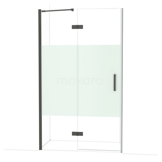 Diamond Shower door | 120 cm Black chrome Clear with matt strip Pivot door DDB21661213BCN Glazen douchecabine met mat zwarte profielen en matte strook, ideaal voor een moderne badkamer.
