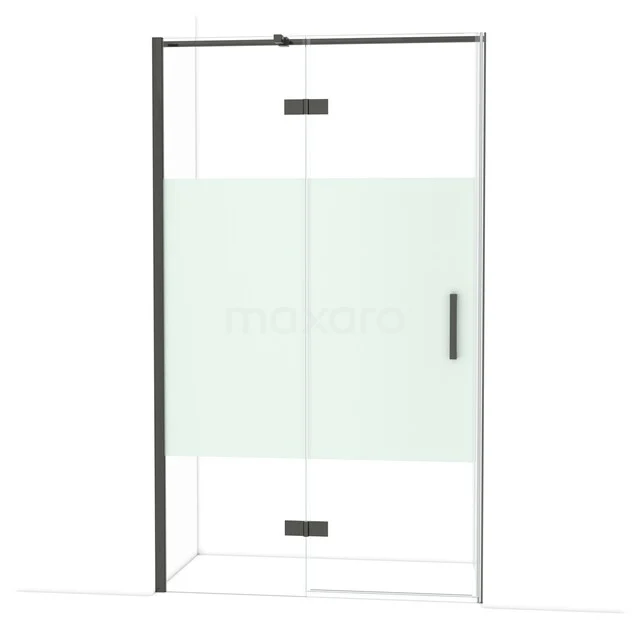 Zwarte douchedeur met helder glas en mat gedeelte, moderne badkamerstijl, geschikt voor inloopdouche.