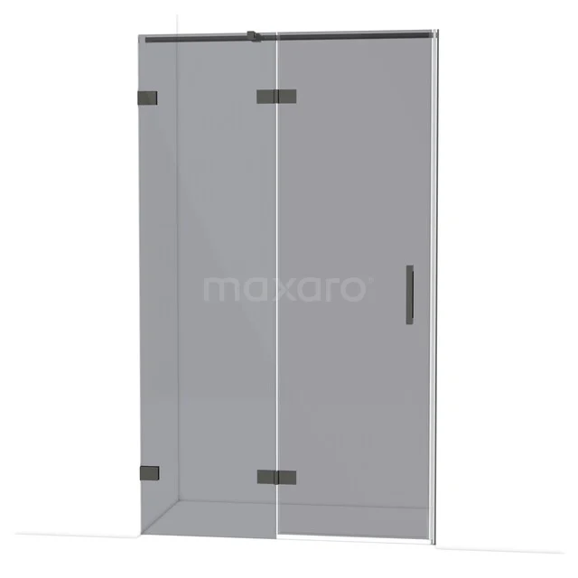 Glazen douchewand met zwart metalen scharnieren, moderne vormgeving, perfect voor een stijlvolle badkamerinrichting.