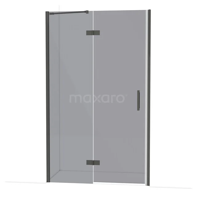 Hoekdouchewand met mat zwart frame en helder glas, moderne doucheoplossing voor elke badkamer.