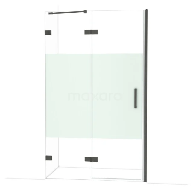 Diamond Douchedeur | 120 cm Zwart chroom Helder met matte strook Draaideur DDB21662223BC Douchecabine hoekmodel met helder glas, mat witte strip, zwarte profielen en modern design voor badkamer.