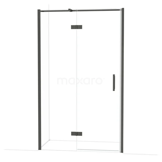 Shower door with a matte black frame, clear glass, modern appearance, ideal for minimalist bathroom decor.