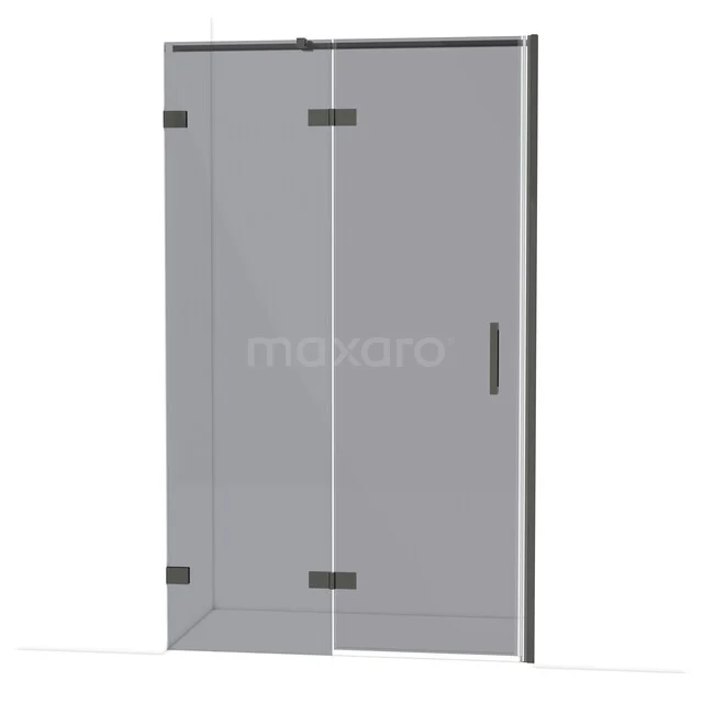 Duschwand mit Klarglas, Schwarz Profil und Scharniere, ideal als platzsparende Lösung im modernen Badezimmer.