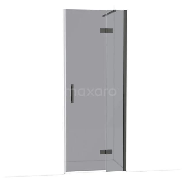 Glas Duschtür mit Scharnieren, Klarglas und schwarzem Haltegriff, stilvolles Design als Badezimmerlösung.