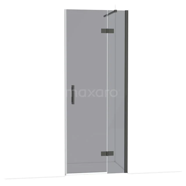 Glazen douchedeur met scharnieren, helder glas en zwarte handgreep, stijlvol ontwerp als badkameroplossing.