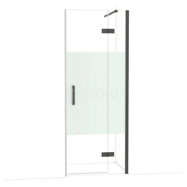 Douchecabine met zwarte accenten, strak glazen design en mat patroon, perfect voor een moderne badkamer.