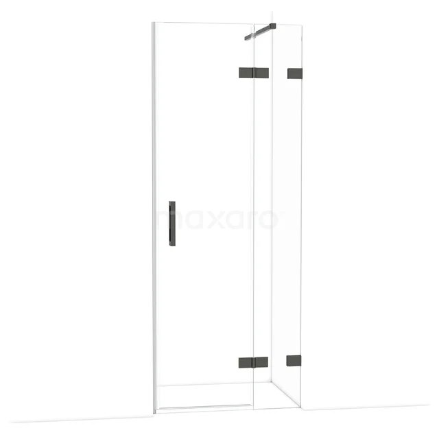 Glasene Duschtür mit mattschwarzen Scharnieren und Haltegriff, elegantes Design geeignet für moderne Bäder.