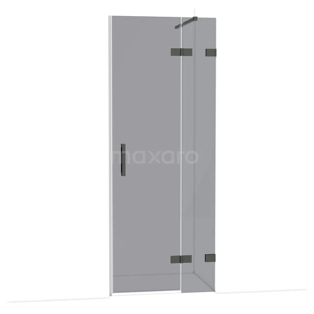 Glass shower door with corner profile, clear glass, metal hinges, suitable for modern bathrooms.