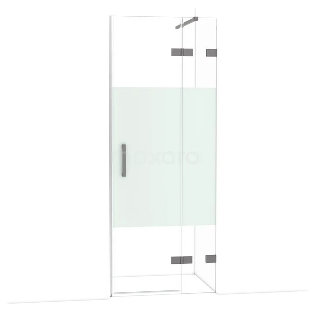 Diamond Shower door | 80 cm Black metal Clear with matt strip Pivot door DDB22351123ZM Glazen douchecabine met mat witte strook, hoekig design, metalen scharnieren en moderne uitstraling voor stijlvolle badkamers.