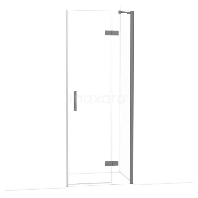 Glazen douchedeur met chromen scharnieren en handgreep, minimalistisch design, perfect voor een moderne badkamer.